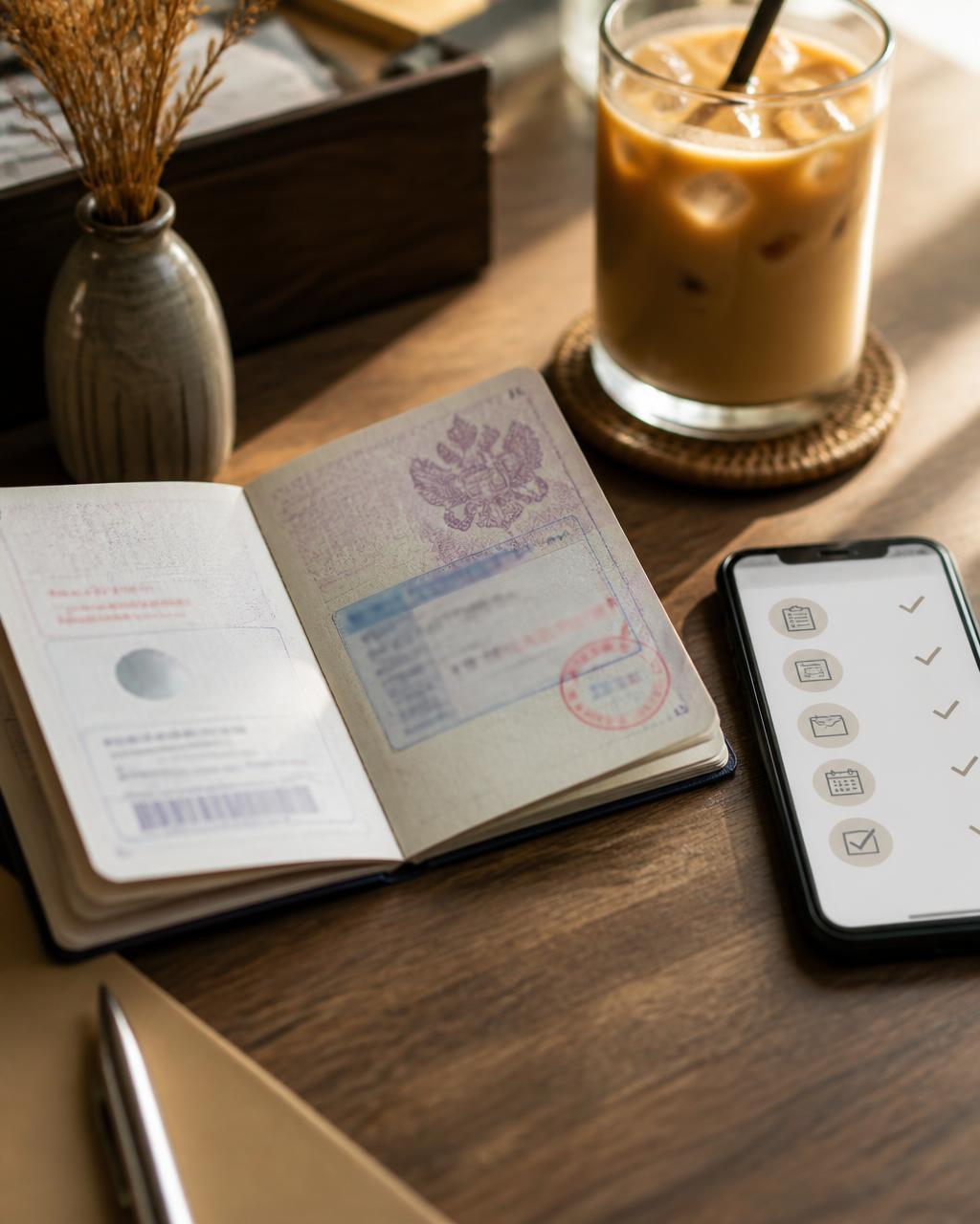 Passport and visa preparation on a wooden desk